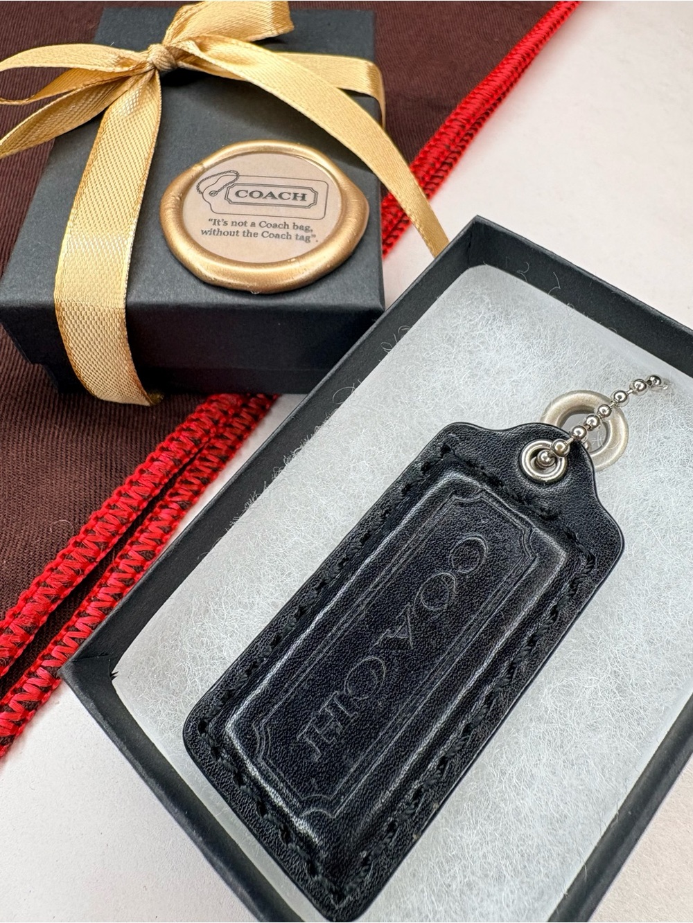 Y2K 2.5” Coach Black Leather Vintage Leather Hang Tag Bag Charm Replacement Fob